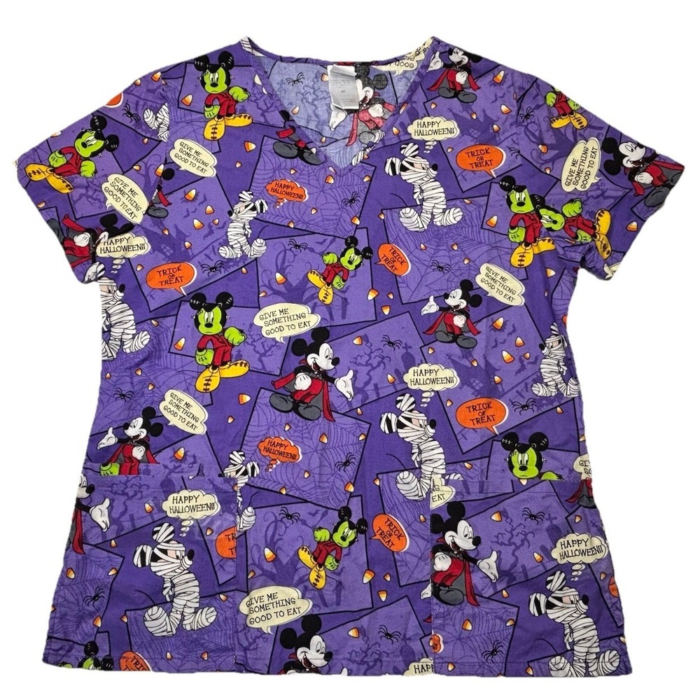 Disney Mickey Mouse Halloween Scrub Top Purple Trick Or Treat Print Womens M